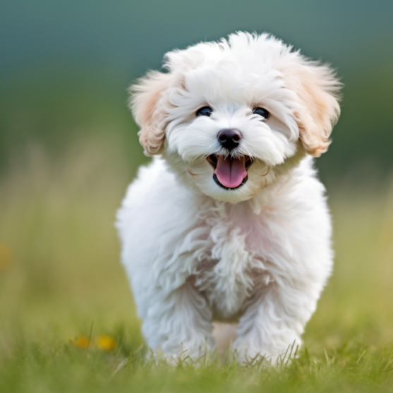 White Poochon puppy in grass White Poochon puppy